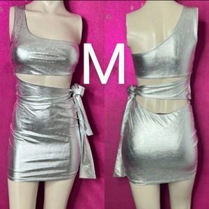 🆕Silver Metallic One Shoulder Fashion Club Bodycon Dress   Size M